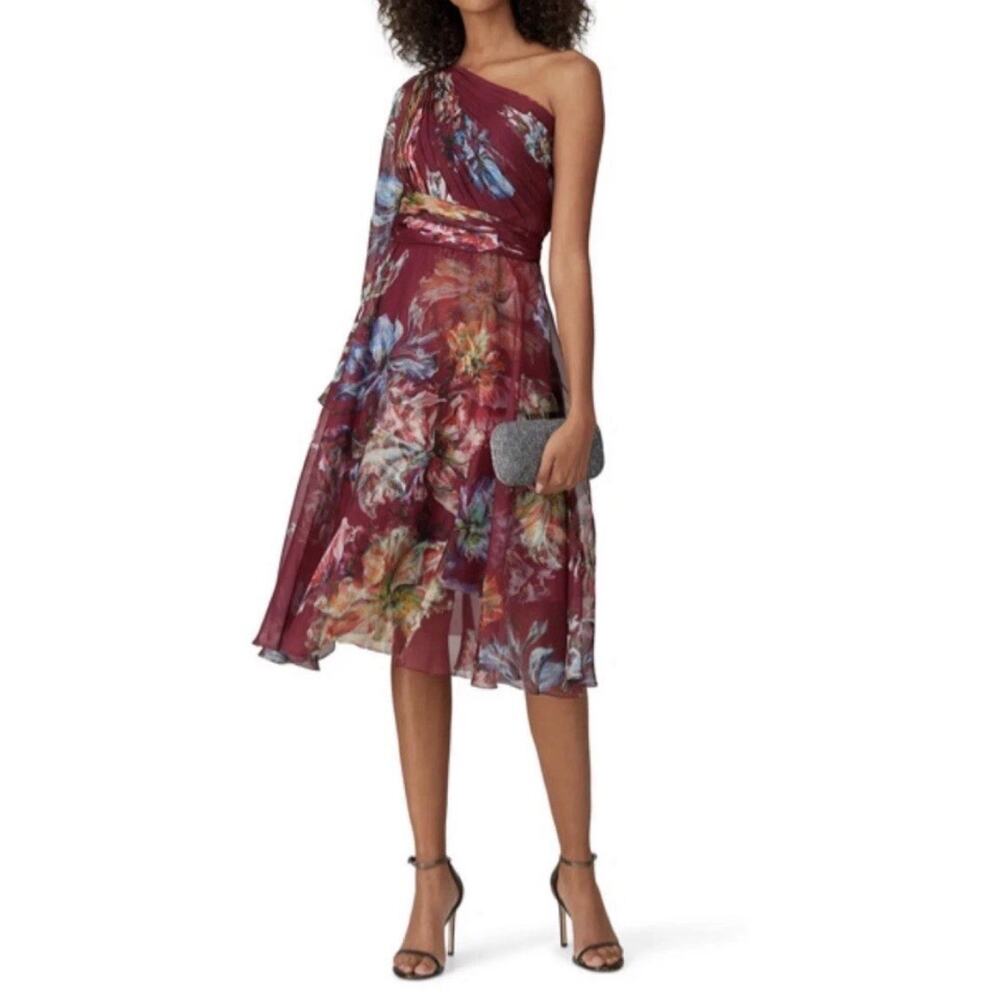 Marchesa Notti Burgundy Floral One Shoulder Midi Cocktail Dress Sz 2